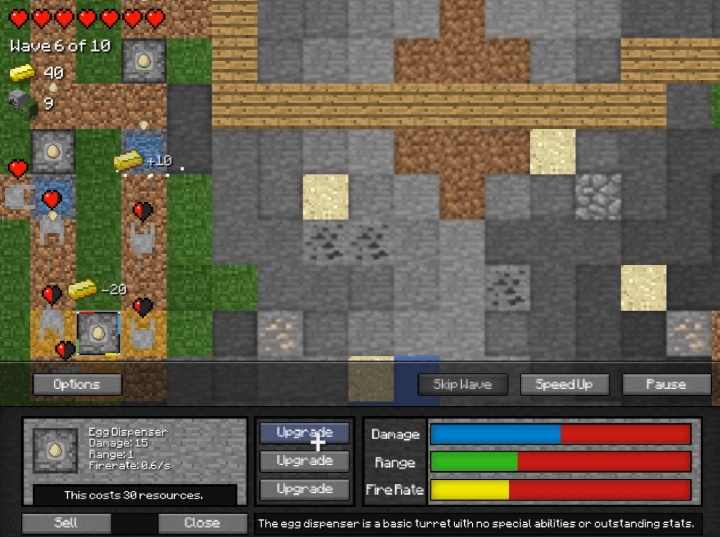 마인크래프트-타워-디펜스2-플래시게임-플레이-적을-공격하기-위해-타워를-설치하고-처치하는-화면