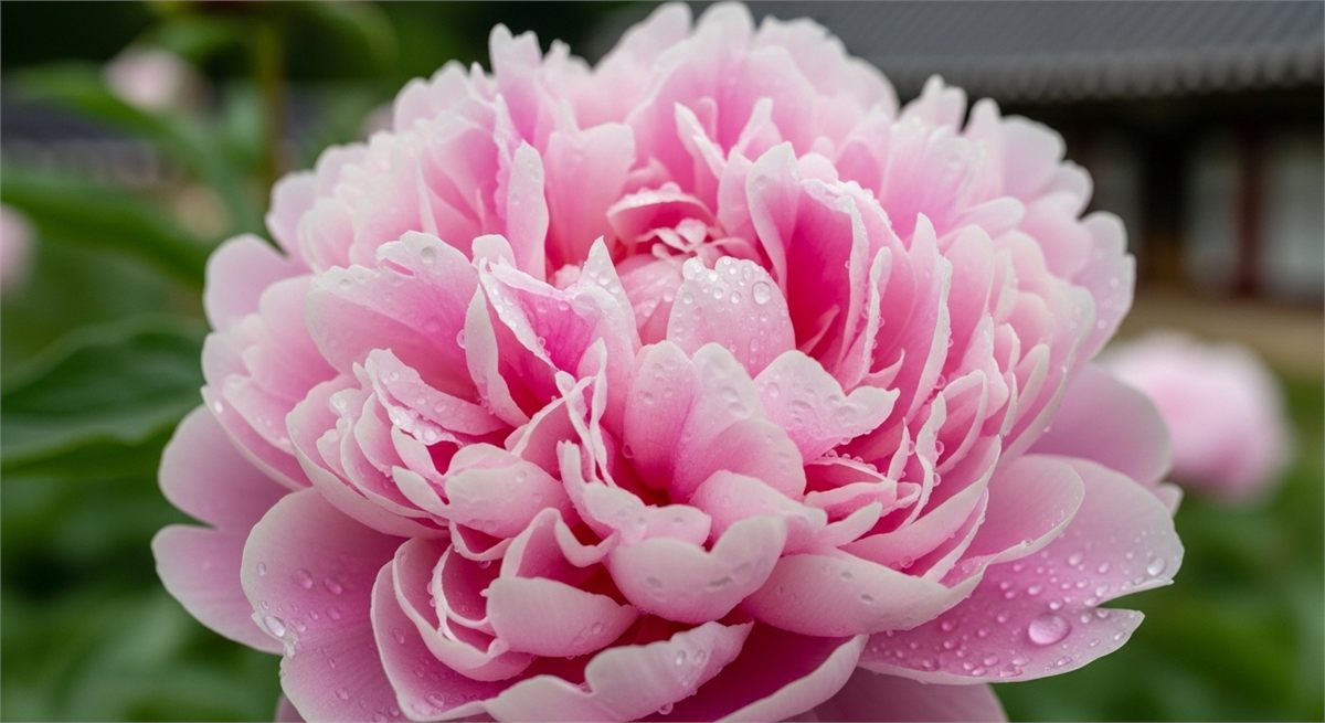 물방울 맺힌 분홍 작약 꽃잎 클로즈업 