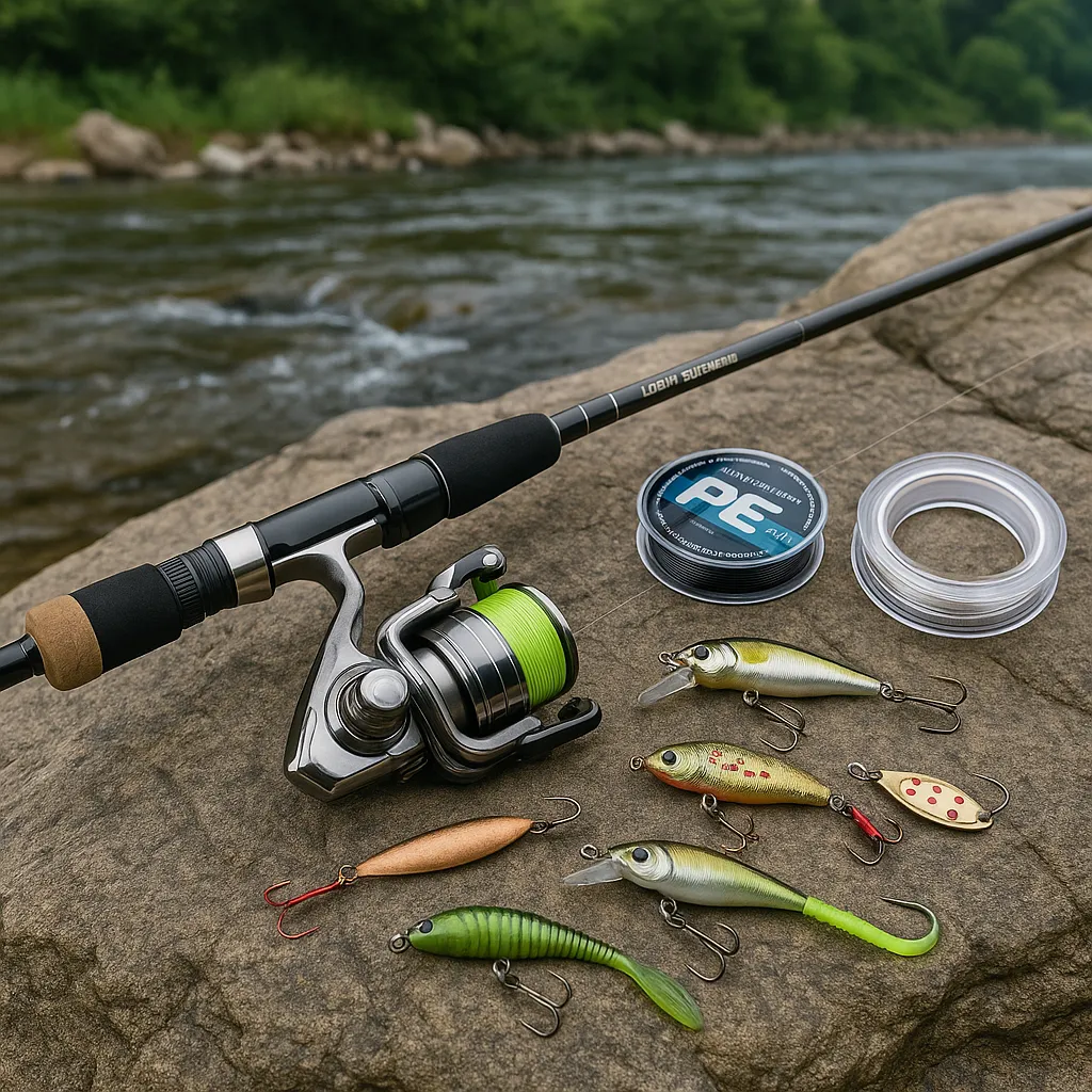 강가 바위 위에 놓인 쏘가리 루어낚시 장비 세트