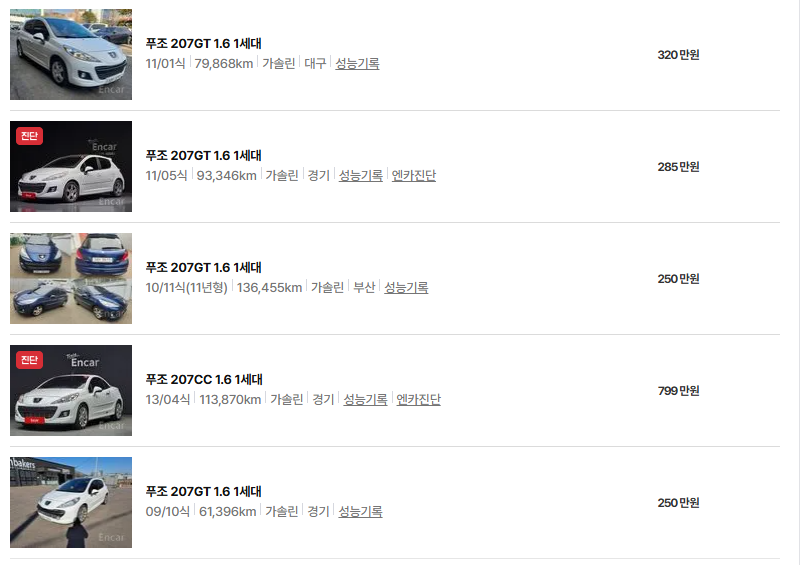 푸조 207 중고차 가격 시세표 유지비