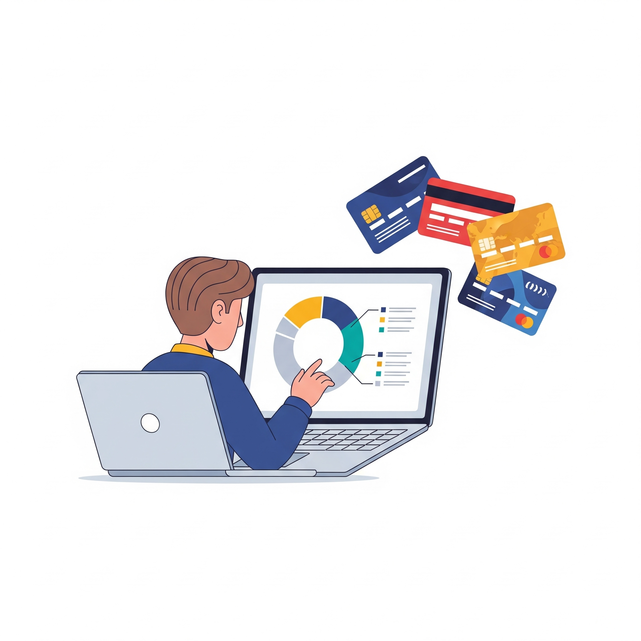 자신의 소비 패턴을 분석하고, 여러 신용카드 중 가장 혜택이 좋은 카드를 고르는 모습