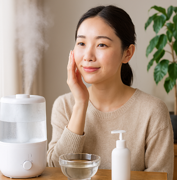 촉촉한 피부를 가진 여성이 따뜻한 실내에서 편안한 표정으로 앉아있고 주변에는 가습기, 물그릇, 보습제, 실내 식물이 자연스럽게 배치되어 있음.