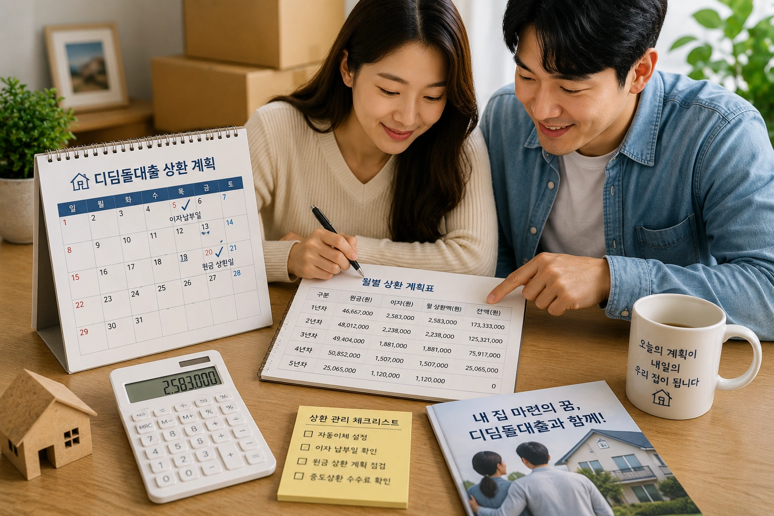 신혼부부가 디딤돌대출 상환 계획과 월별 상환 금액을 함께 확인하며 장기적인 자금 계획을 세우는 모습