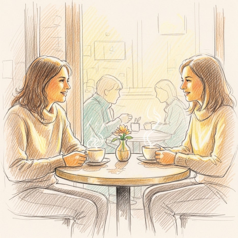 평온하게 대화를 나누는 사람들의 파스텔톤 그림