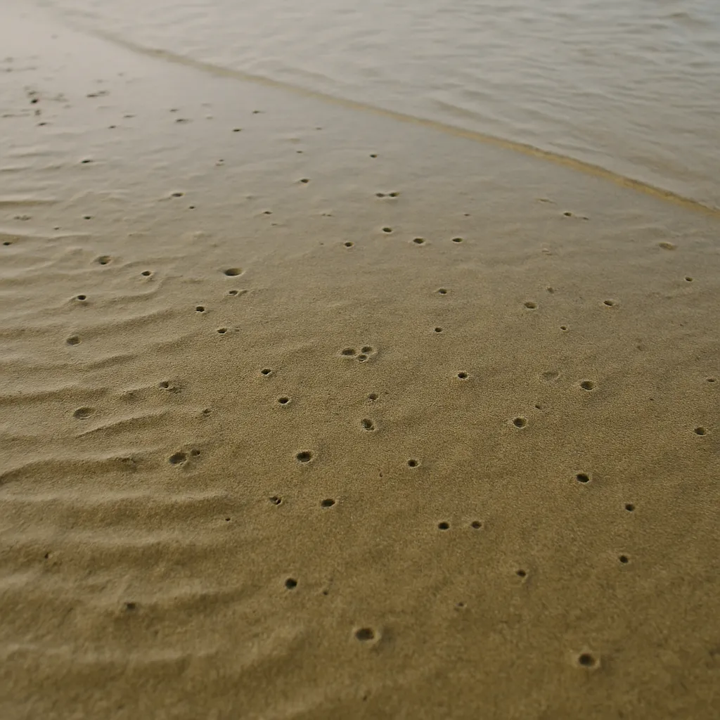 젖은 갯벌에 퍼져 있는 조개 구멍들