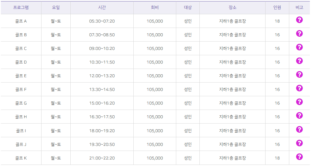 올림픽기념국민생활관 부산사회체육센터 골프프로그램 시간, 회비, 인원, 장소 등 안내