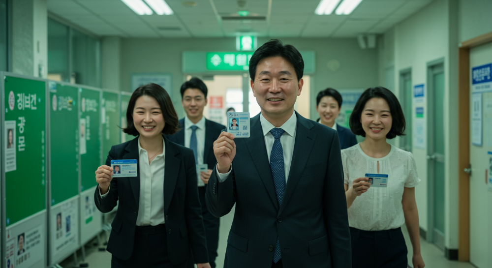 제21대 대통령선거 투표소로 향하는 다양한 연령대의 유권자들이 미소를 지으며 실물 및 모바일 신분증을 들고 있는 모습.