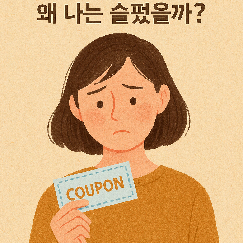 쿠폰을 들고 슬퍼하는 여성의 일러스트 – 감정과 무의식의 반응을 표현