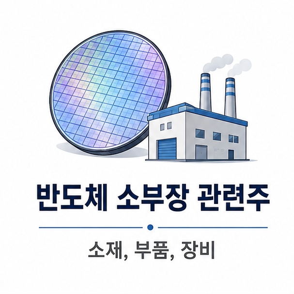 반도체 웨이퍼와 공장 아이콘 아래에 소재, 부품, 장비를 배치해 반도체 소부장 관련주의 기본 의미를 설명하는 그림