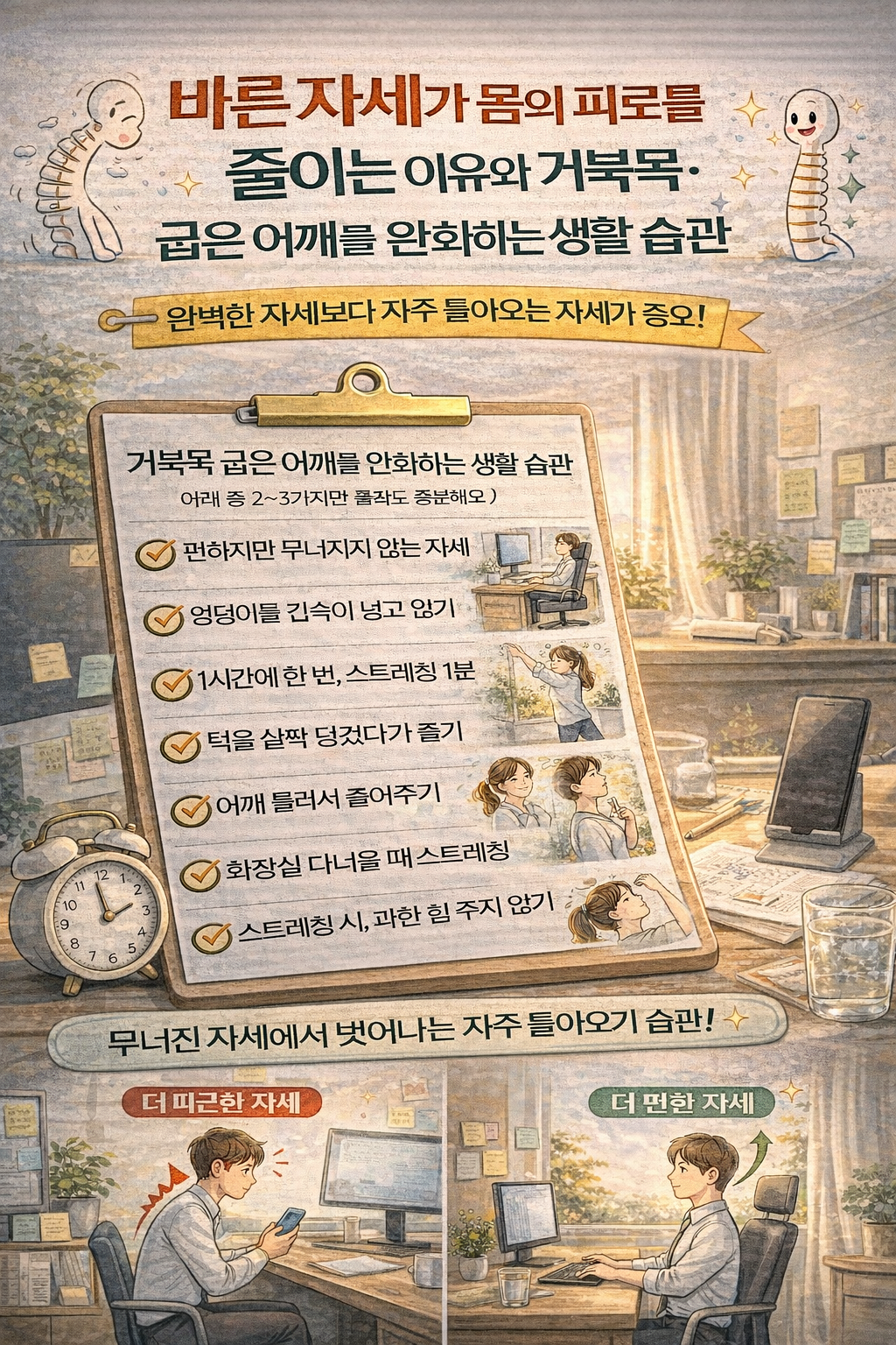 바른 자세가 몸의 피로를 줄이는 이유와 거북목·굽은 어깨를 완화하는 생활 습관