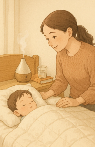 숙면 중인 아기와 실내 가습기, 조용한 육아 환경
