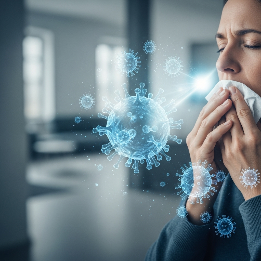 2025년 코로나 재유행 초기 증상으로 목 통증과 기침을 느끼는 사람의 모습, 자율 격리 및 예방의 중요성을 상징하는 이미지.