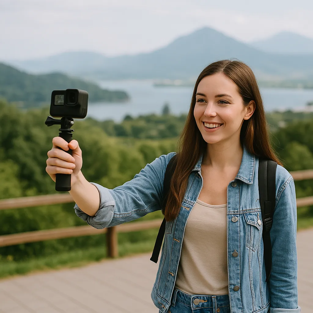 자연 풍경을 배경으로 유튜브 촬영 중인 여성 여행 유튜버