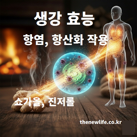 생강의 쇼가올과 진저롤의 항염·항산화 작용 효능을 설명하는 인공 이미지