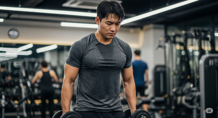 헬스장에서 덤벨을 들고 고민하는 남성. 정체기를 극복하려는 듯 진지한 표정이다.