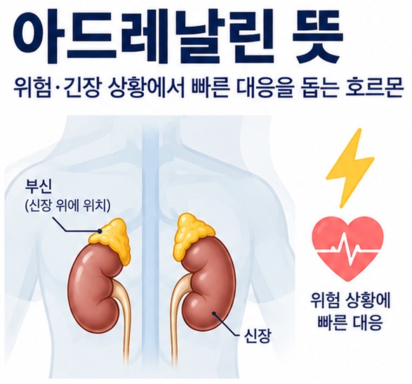 아드레날린 뜻과 adrenaline epinephrine 두 이름, 부신 위치를 함께 보여주는 건강 교육 이미지