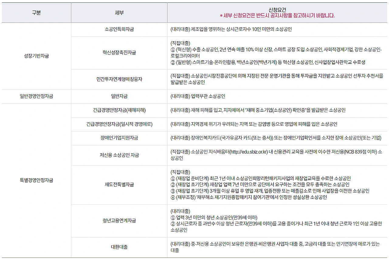정책자금 요건 세부 내용