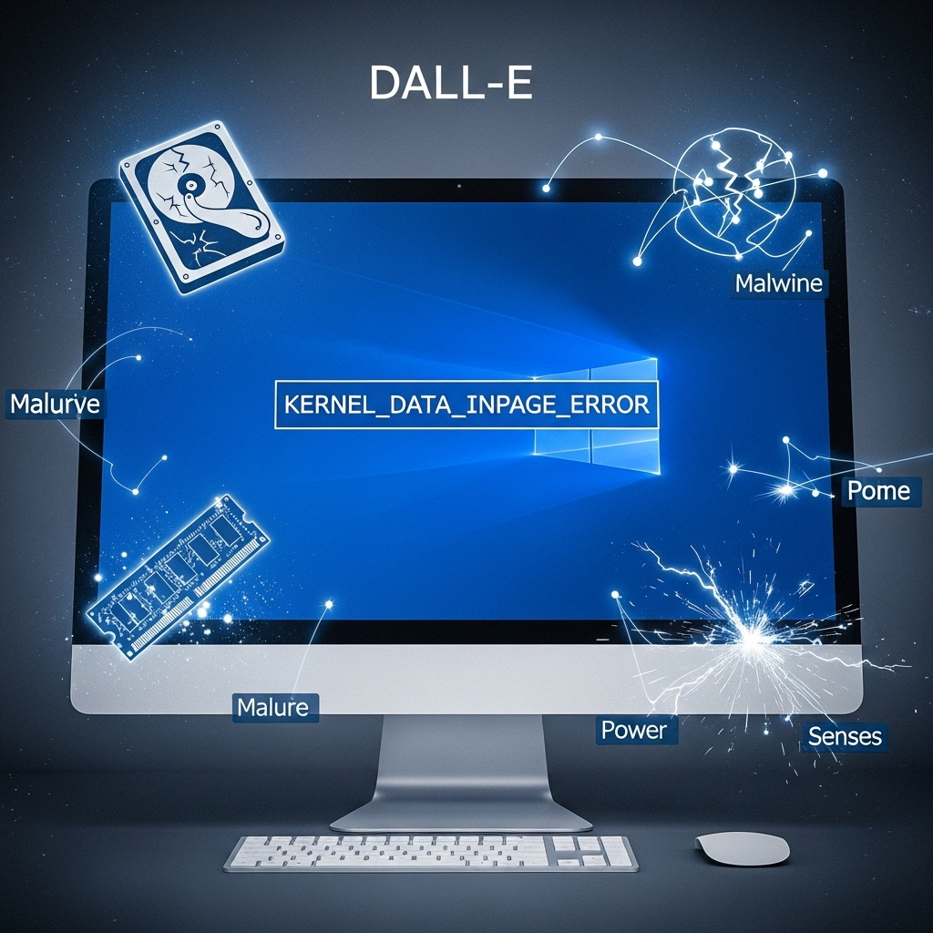 KERNEL_DATA_INPAGE_ERROR 메시지가 표시된 블루스크린과 그 주변에 하드디스크, RAM, 악성코드를 상징하는 아이콘들이 시각적으로 표현된 컴퓨터 오류 진단 이미지.