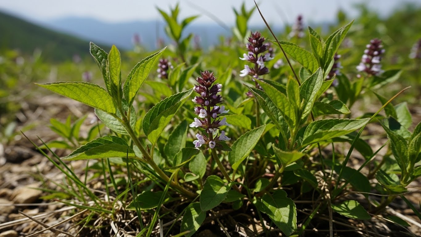 산비탈에서-자라는-약관문-식물들을-사실적으로-클로즈업하여-자연스러운-야외-조명-속에서-세밀한-잎과-작은-꽃들을-보여-주고-있습니다.