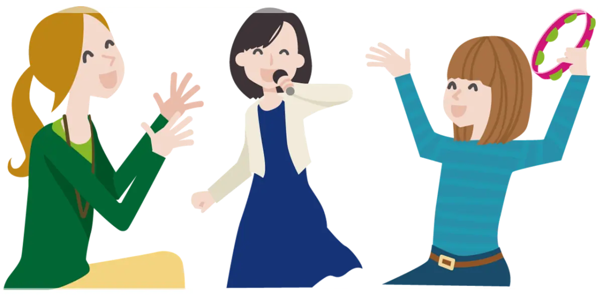 마이크-잡고-노래하는-여자와-손벽치는-여자-그리고 탬버린을-흔드는-여자