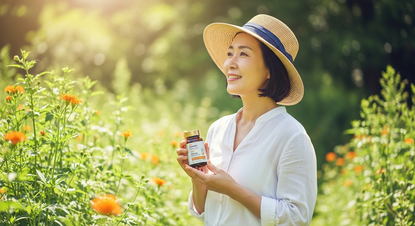 햇살 가득한 자연 속에서 미소 짓는 40대 여성이 영양제 병을 들고 있는 모습, 갱년기 우울감 극복과 마음 건강을 상징합니다.