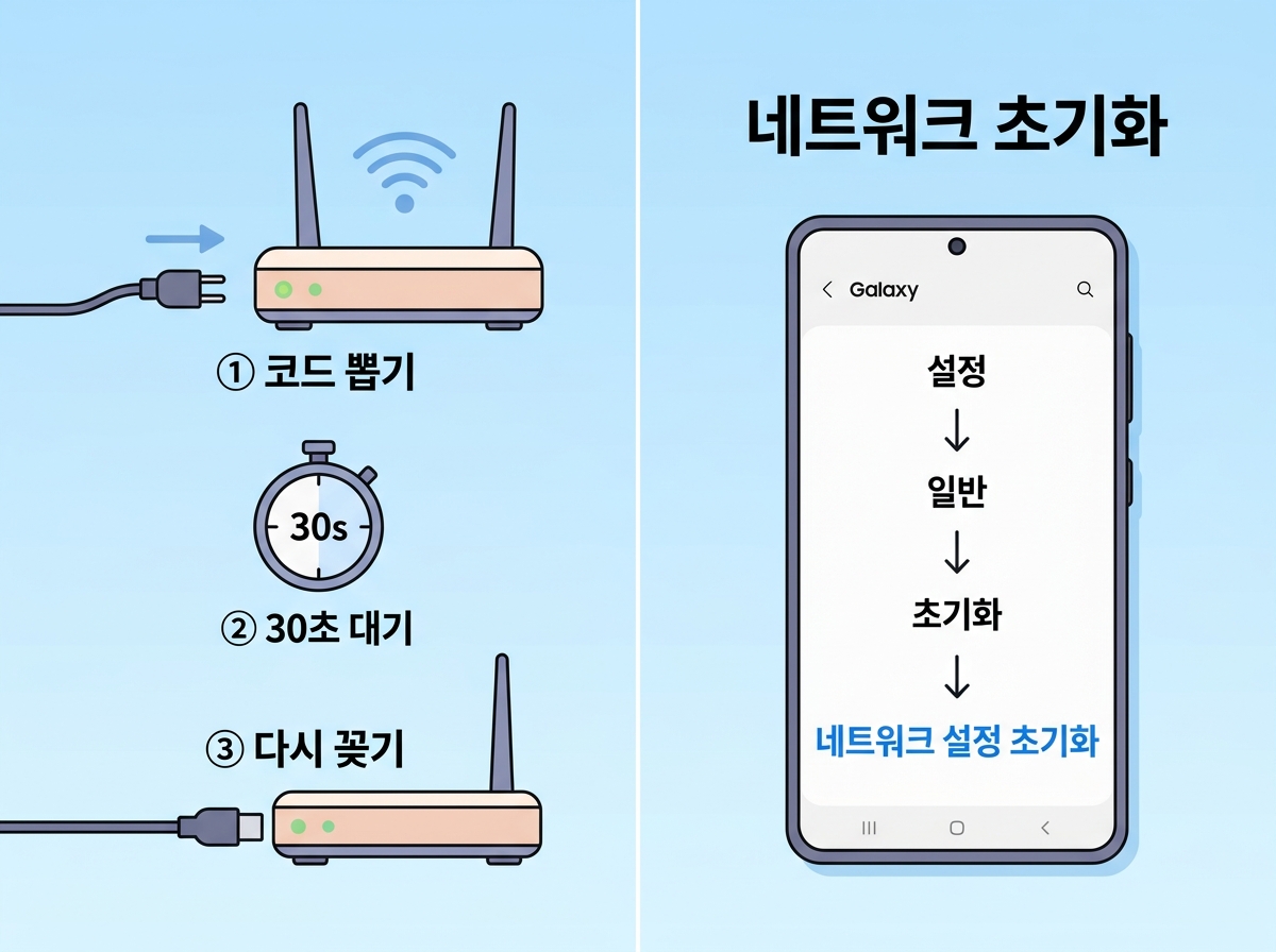 alt="공유기 전원 30초 껐다 켜기와 네트워크 초기화 이미지"