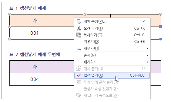 한글 캡션 설정 표번호 그림번호