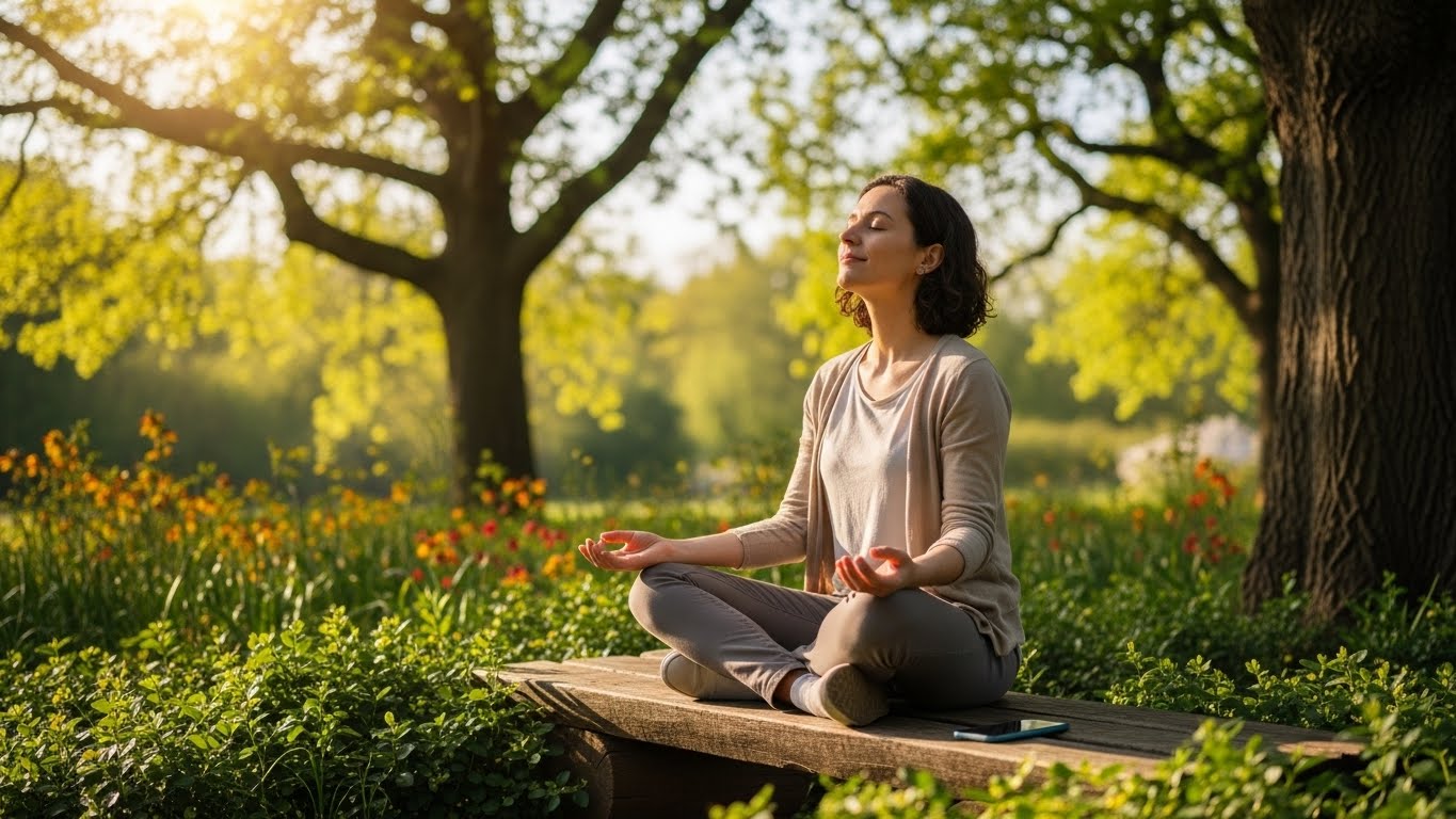 공원이나 정원에서 명상하며 짧은 휴식을 취하는 사람