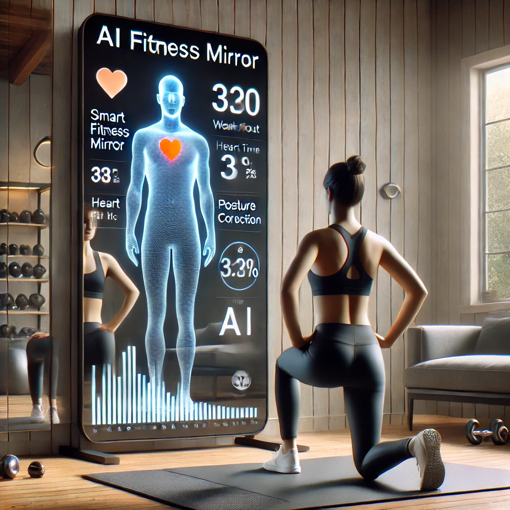 스마트 거울 앞에서 운동하는 사람의 모습