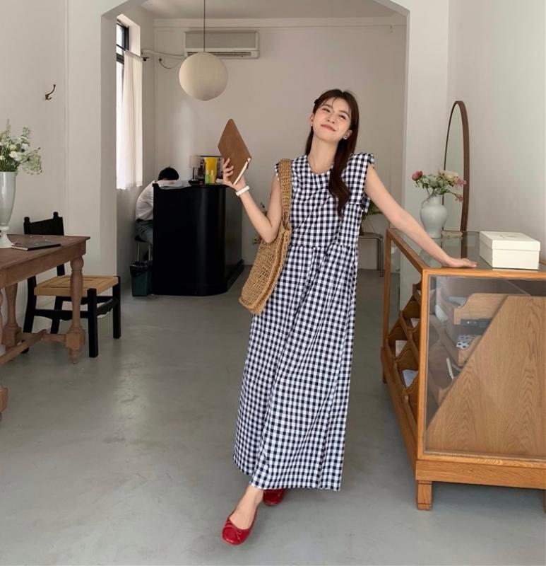 루어스룸 모하비 체크 여름 라운드넥 허리 벨트 민소매 나시 맥시 와이드 린넨 코튼 점프 슈트