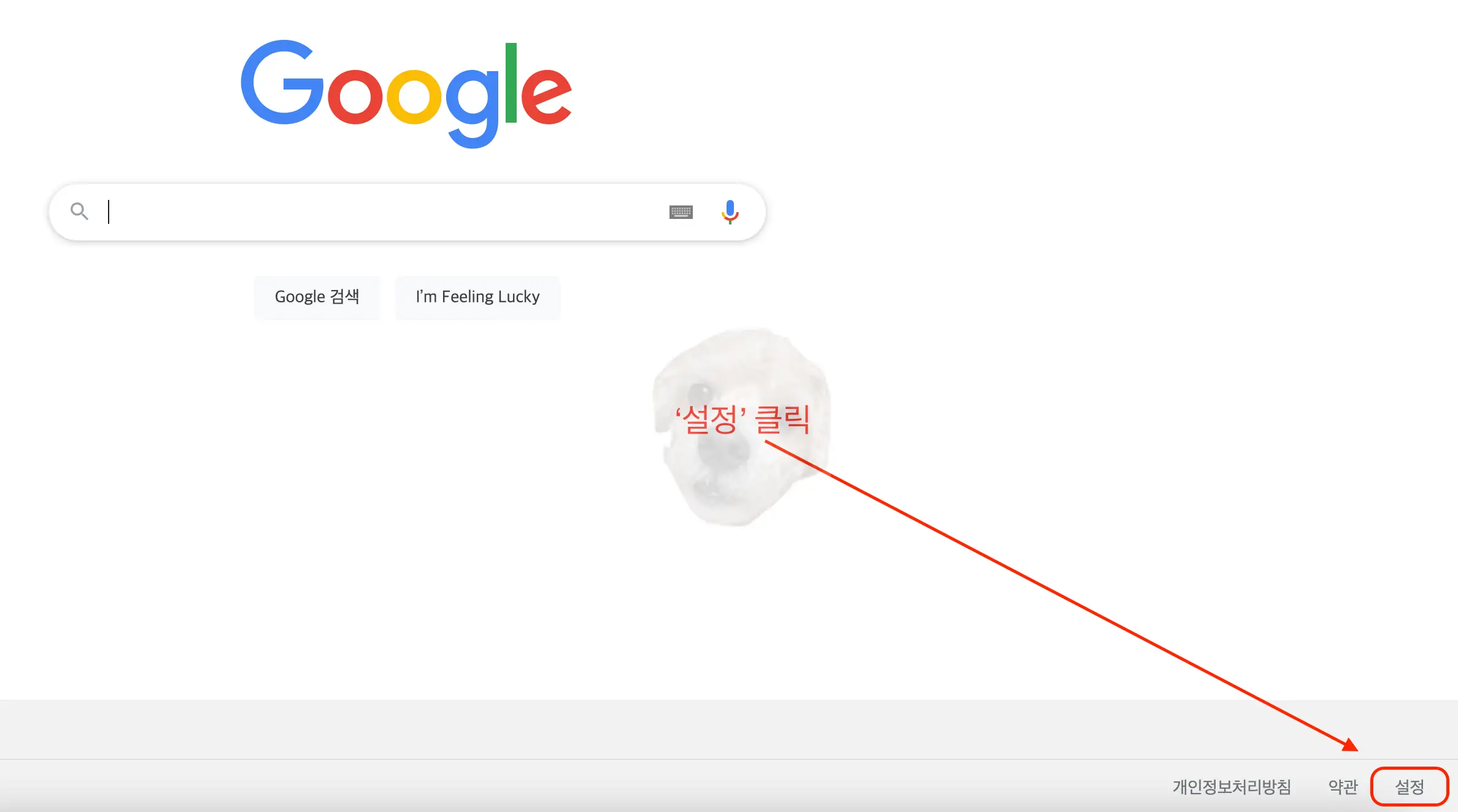 구글 홈페이지 하단 &#39;설정&#39; 클릭