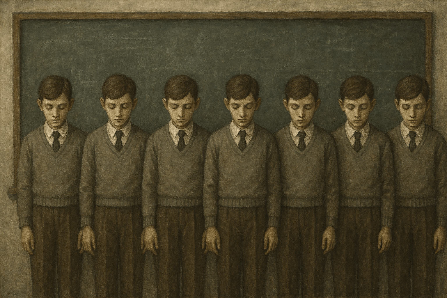 반복적으로 앉아 있는 학생들을 표현한 상징적 교실 이미지