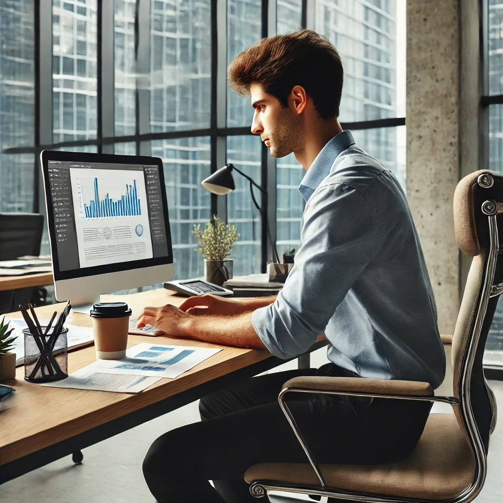 사무실 책상에 앉아 컴퓨터로 작업 중인 직장인, 커피와 문서가 놓여 있는 책상