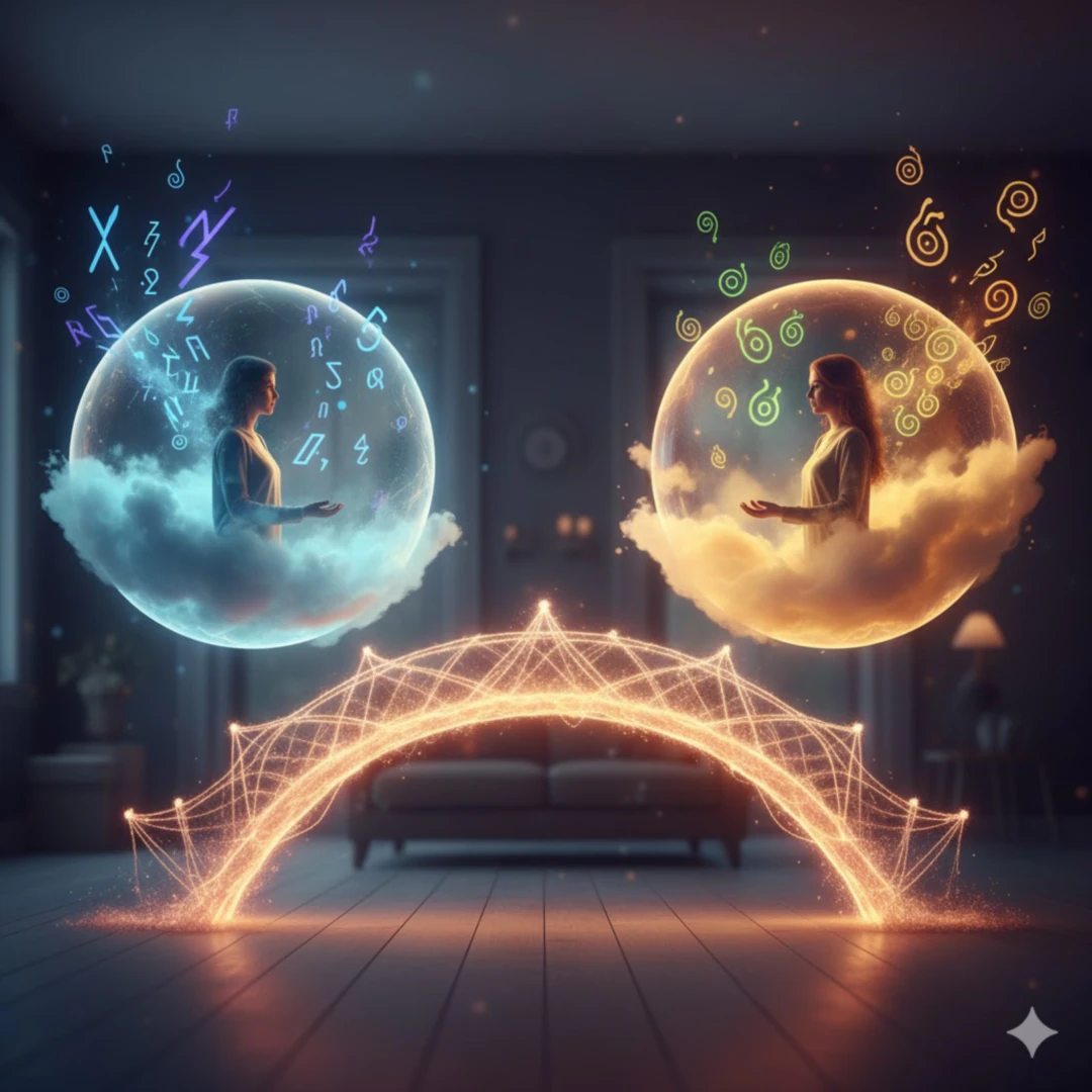 두 사람이 서로 다른 색의 구름이나 물방울 속에 있는 것처럼 보이며&amp;#44; 각자의 언어가 서로 다른 형태의 기호나 색깔로 표현되어 있습니다. 그들 사이에는 한쪽에서 다른 쪽으로 뻗어나가는 따뜻한 빛깔의 다리가 놓여 소통과 이해를 상징합니다. 이 다리는 상징적이면서도 실질적인 연결을 의미하며&amp;#44; 따뜻하고 희망적인 색상으로 그려집니다. 