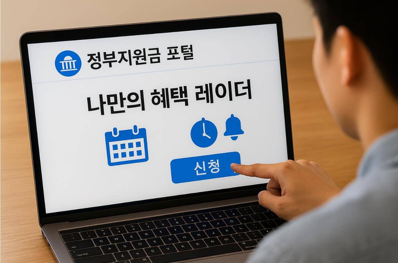 노트북 화면의 정부지원금 포털에서 지원 신청하는 모습