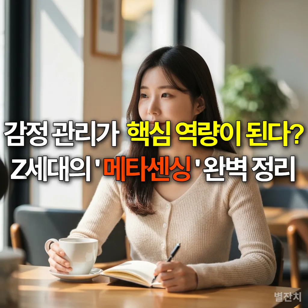 카페에서 차를 마시며 감정 일기를 쓰는 한국인 젊은 여성