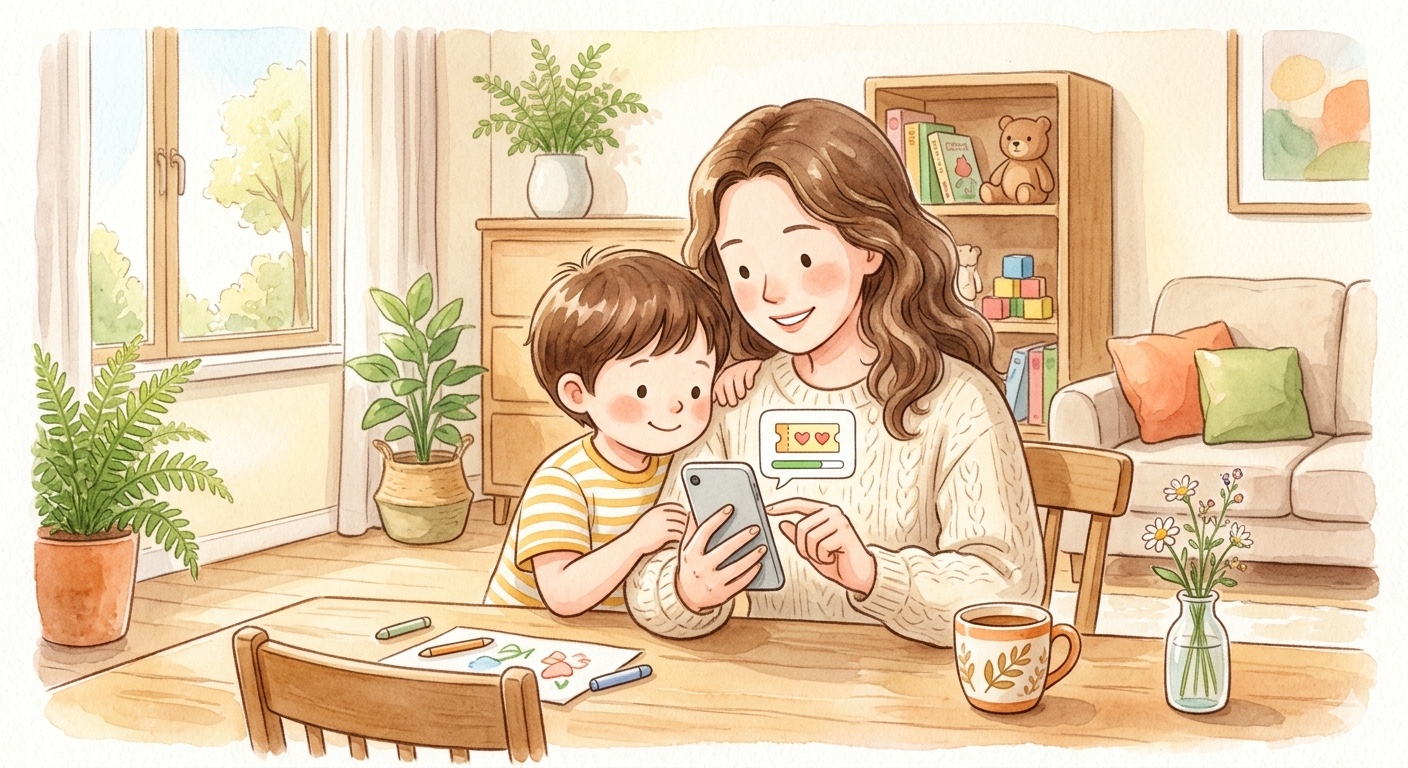 A mother applies for a government welfare coupon on behalf of her young child using a smartphone at a bright home dining table, illustrating the proxy application process for minors.