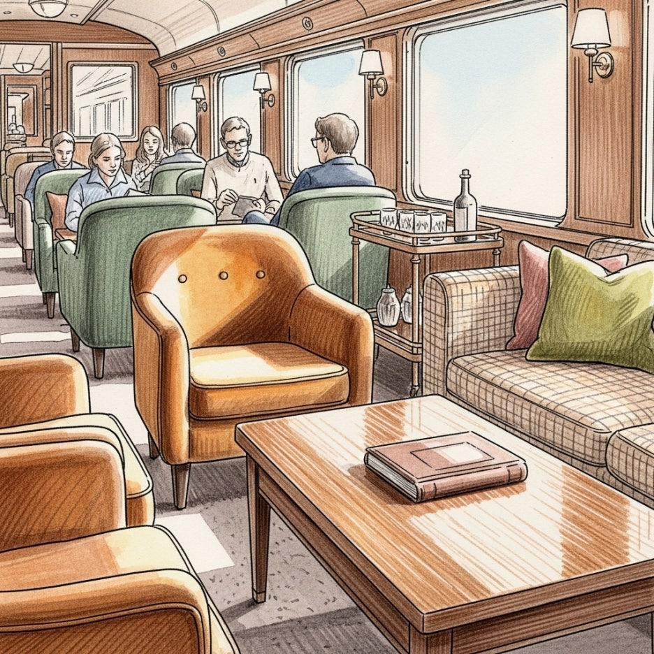 탑승객들이 휴식을 취하는 열차 내 공용 라운지 공간