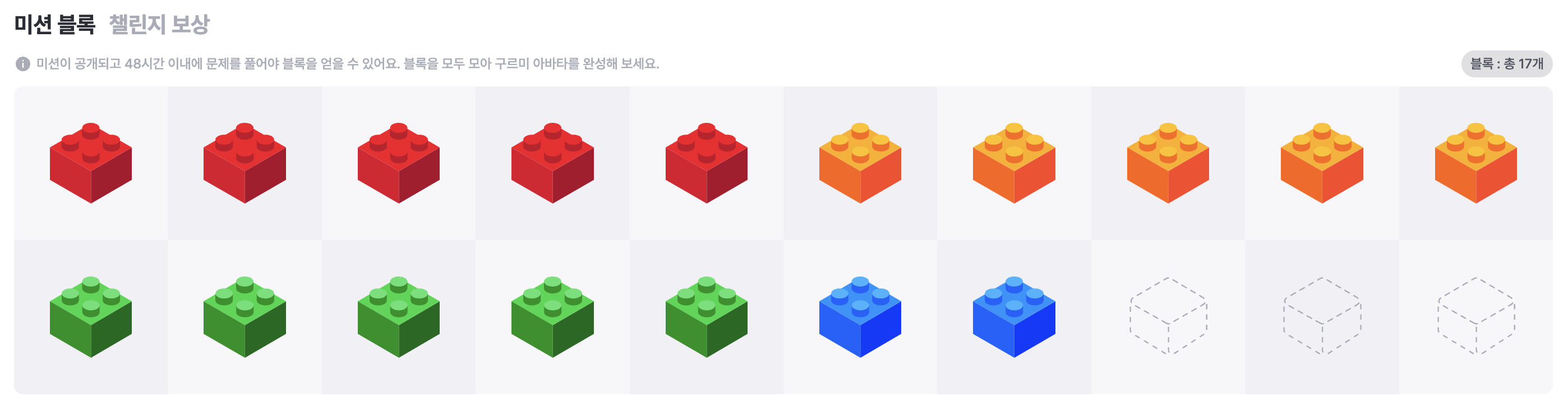 구름톤 챌린지 17일차 미션 블록 달성 현황이다.