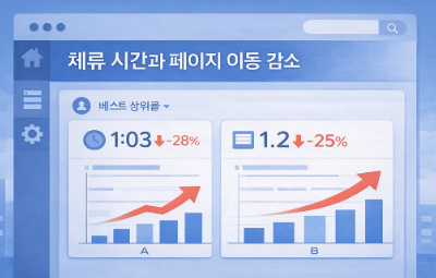 평균 체류 시간과 페이지당 조회 수 감소가 표시된 웹사이트 분석 대시보드