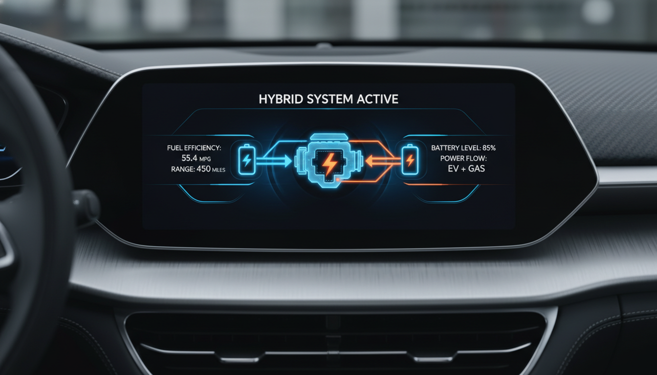 그랜저 하이브리드 시스템의 동력 전환 과정을 직관적으로 보여주는 첨단 디지털 계기판 화면