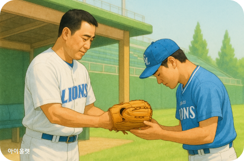 후배에게 글러브를 선물로 주고 있다.(가상으로 재현)