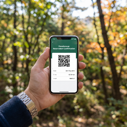 스마트폰 화면에 화담숲 예약 확정 QR 코드 페이지가 떠 있는 모습. 뒷배경은 흐릿한 숲의 질감이 느껴지는 감성적인 분위기이며, 현대적인 UI의 모바일 예매 페이지가 선명하게 보이는 고화질 8k 사진