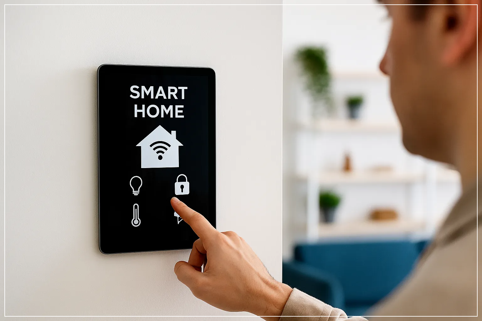 사용자가 벽에 설치된 스마트홈 제어 패널을 통해 제어하는 모습