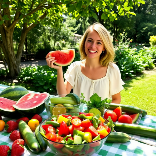 여름철 수분보충을 위해 과일과 야채를 먹으려고 하는 여성