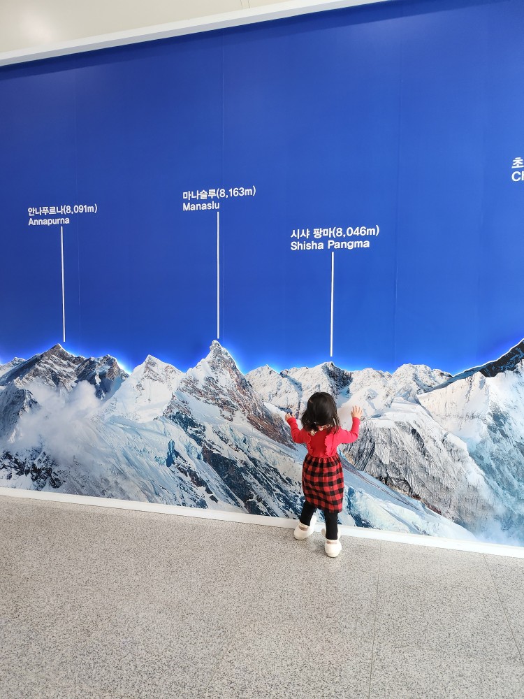 산 사진 앞의 아이