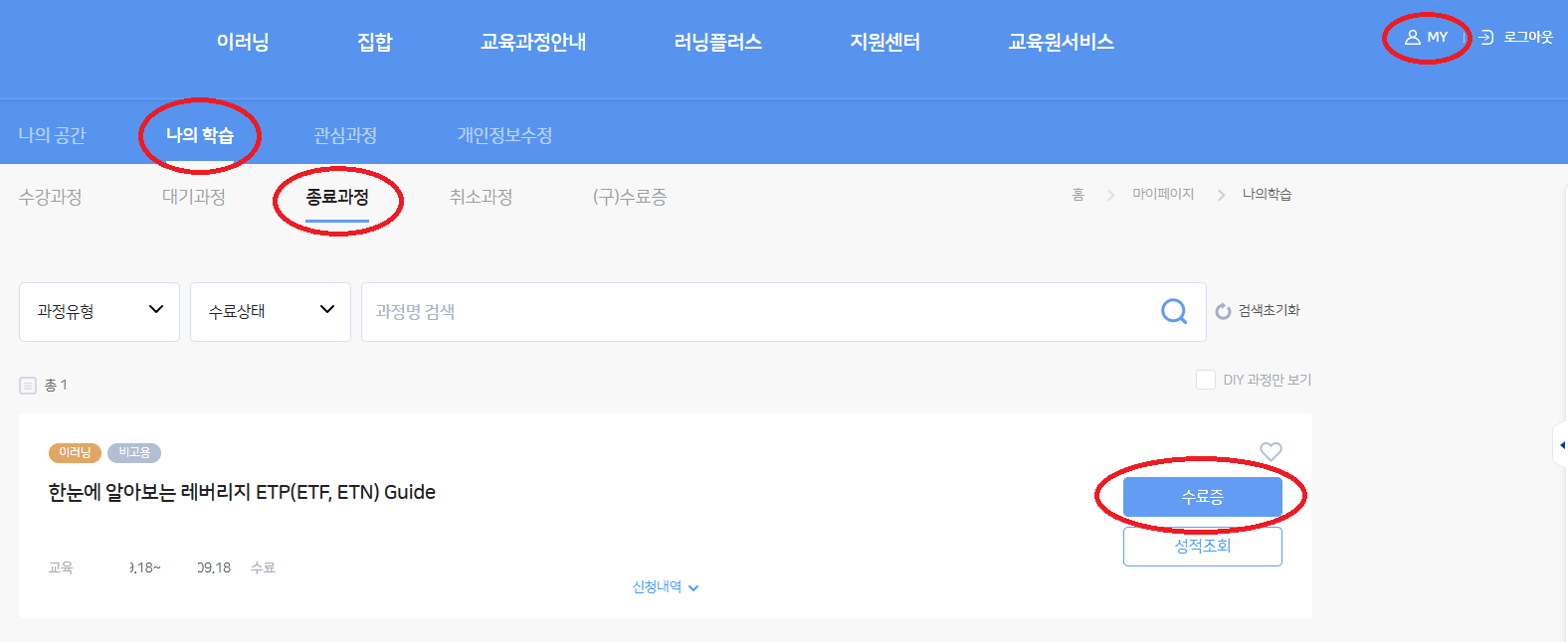 금융투자교육원 마이페이지에서 수료증, 수료번호 조회