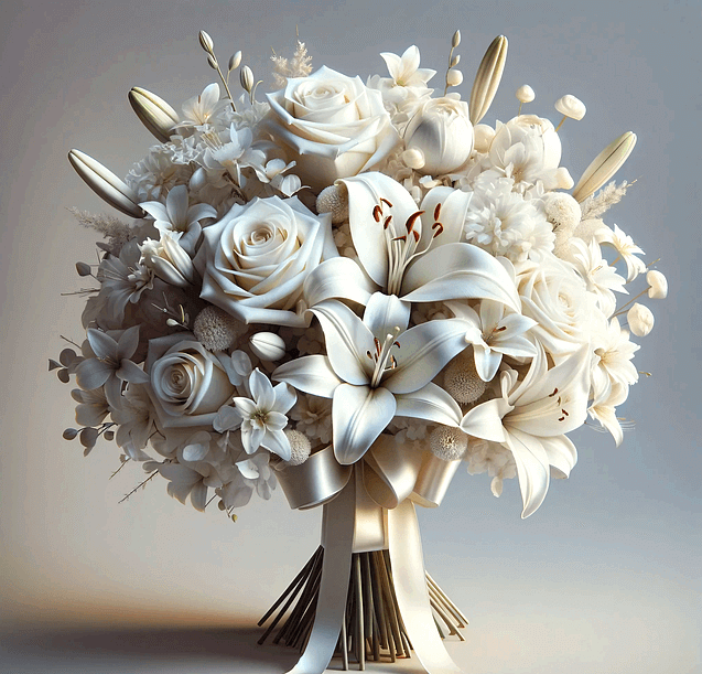 하얀색 꽃부케가 있다. 백장미, 백합들이 섞인 부케다.