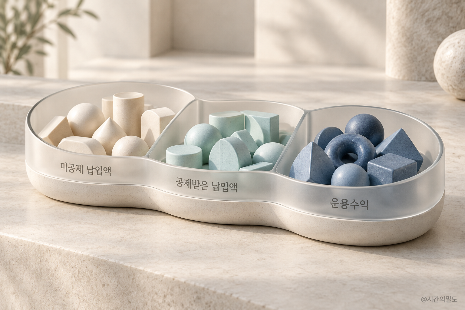 하나의 연금저축계좌 안에서 미공제 납입액, 공제받은 납입액, 운용수익을 세 칸으로 구분한 입체 개념 그림