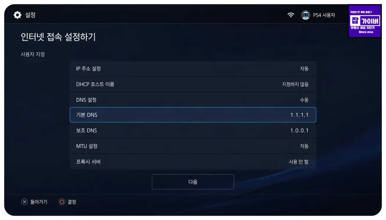 이미지 2. PS5 고급 설정에서 DNS 수동 입력 화면